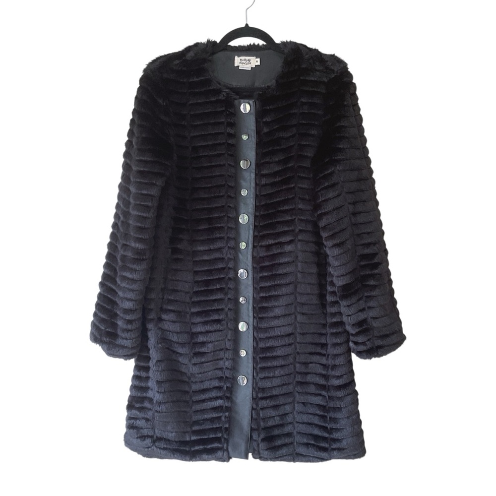 Molly Bracken Black Faux Fur Coat Snap Front Size M